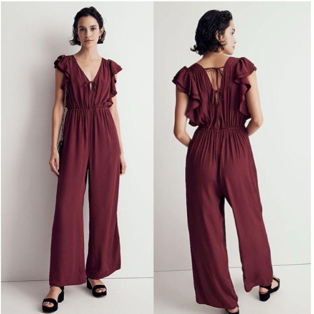 Madewell Jacquard Deep-V Ruffled Jumpsuit Cabernet Size S